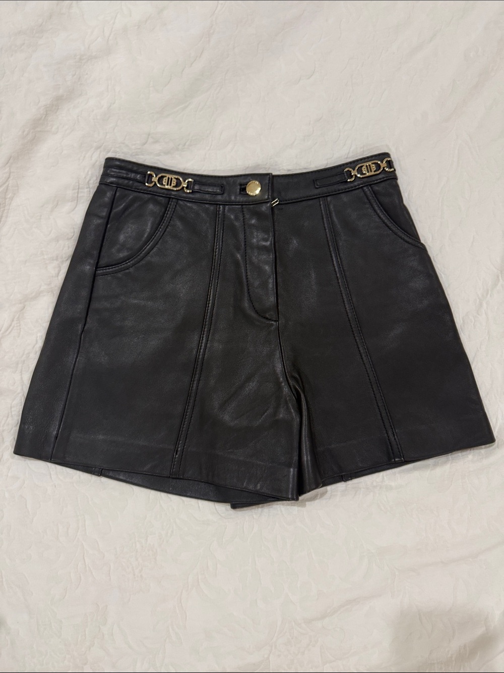 Maje Black Leather Women’s Shorts with Gold Hardware